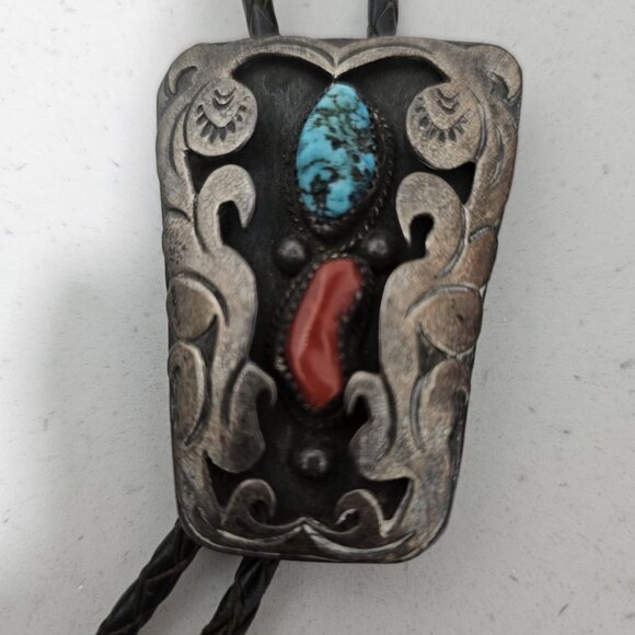 Vintage Navajo Bolo Tie Turquoise Coral Bennett Pat. Pend. Sterling - Picture 8 of 8